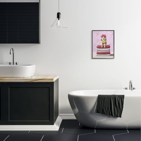 Stupell Industries Cute Baby Rabbit on Bath Towels Soap Bubbles Wall Art in Black Frame